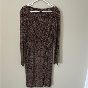 Lauren Ralph Lauren Brown & Cream V Neck Faux Wrap Dress Size 8